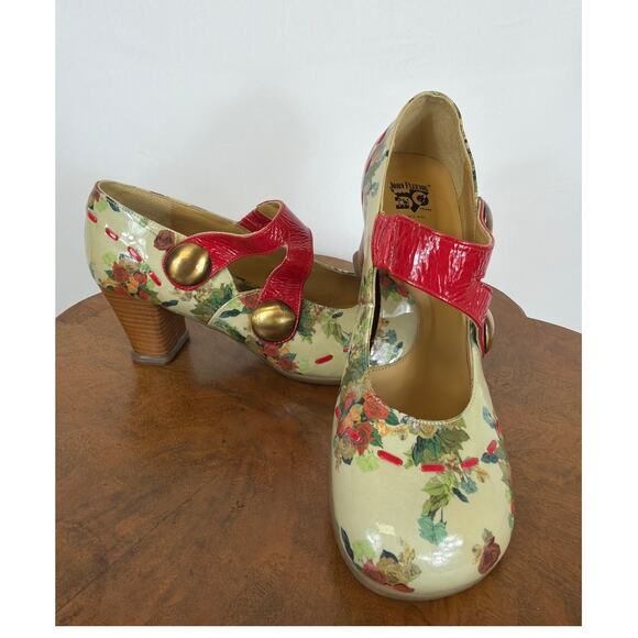 John Fluevog, Shoes - John Fluevog Green Multicolored Floral Button Red Straps Mary Janes 11
